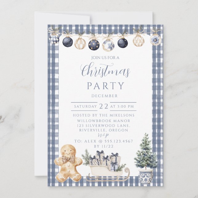 Invitation Blue Gingerbread Gingham Christmas (Devant)