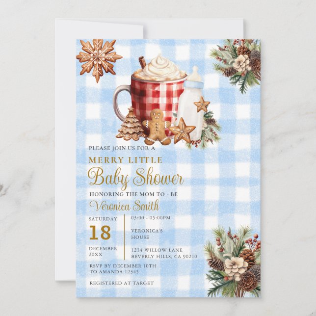 Invitation Blue Gingham A Merry Little Baby Shower  (Devant)