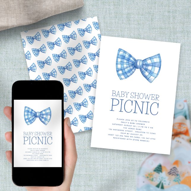 Invitation Blue Gingham Bow Tie Baby Douche pique-nique (Front and back view)