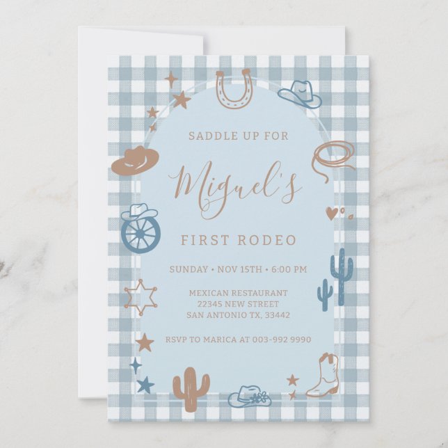 Invitation Blue Gingham First Rodeo Wild West Birthday (Devant)
