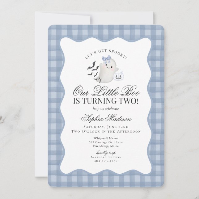 Invitation Blue Gingham Preppy Ghost Little Boo 2nd Birthday (Devant)