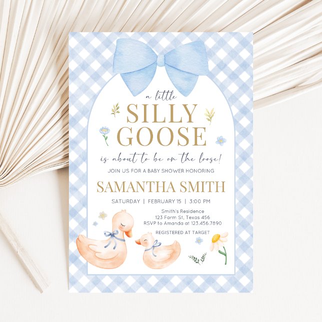 Invitation Blue Gingham Silly Goose Baby Shower (Little Silly Goose Baby Shower Invitation)