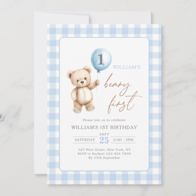 Invitation Blue Gingham Teddy Bear Balloon Boy 1st Birthday (Devant)