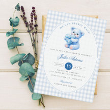 Blue Gingham Teddy Bear Neutral Baby Shower