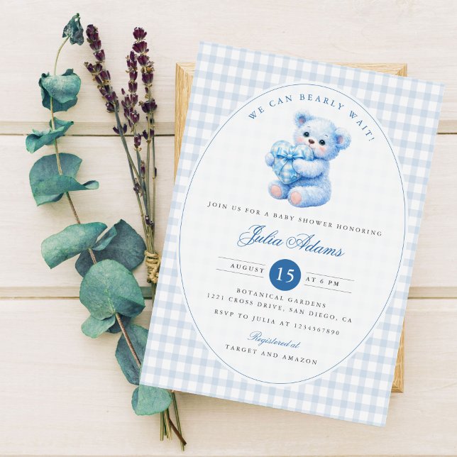 Invitation Blue Gingham Teddy Bear Neutral Baby Shower (Créateur téléchargé)