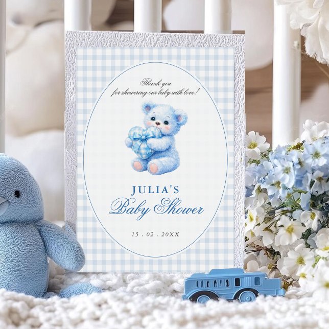Invitation Blue Gingham Teddy Bear Neutral Baby Shower (Créateur téléchargé)