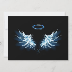 Invitation Blue Glowing Angel Wings on black background