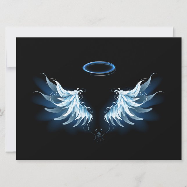 Invitation Blue Glowing Angel Wings on black background (Devant)