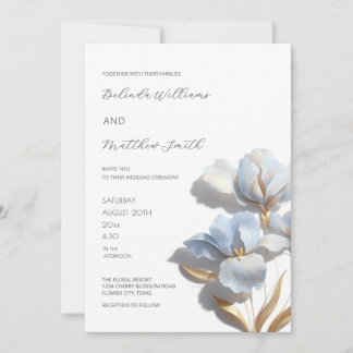 Invitation Blue Gold 3D Flowers White