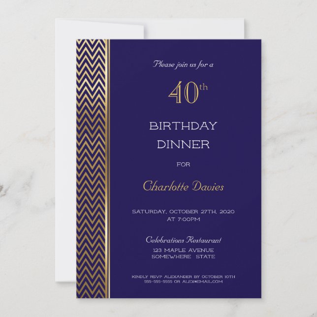 Invitation Blue Gold 40th Birthday Dinner Party (Devant)
