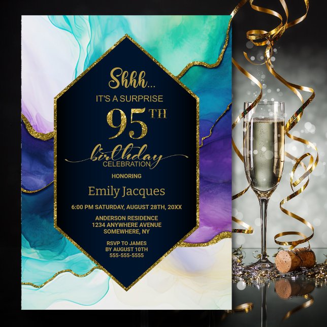 Invitation Blue Gold Agate Surprise 95e fête d'anniversaire (Créateur téléchargé)