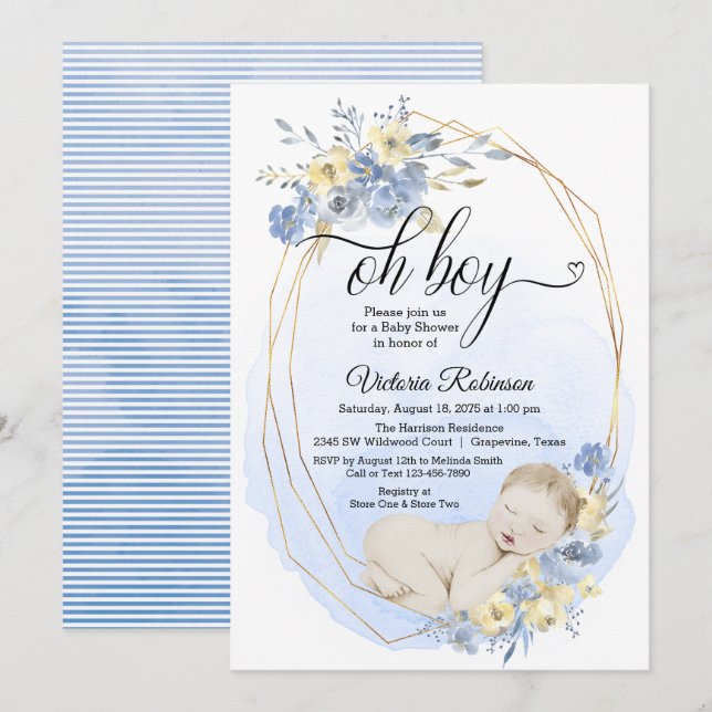 Invitation Blue Gold Aquarelle Oh Baby shower garçon (Devant / Derrière)
