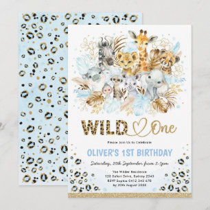 Invitation Blue Gold Boho Safari Animaux sauvages Un Annivers