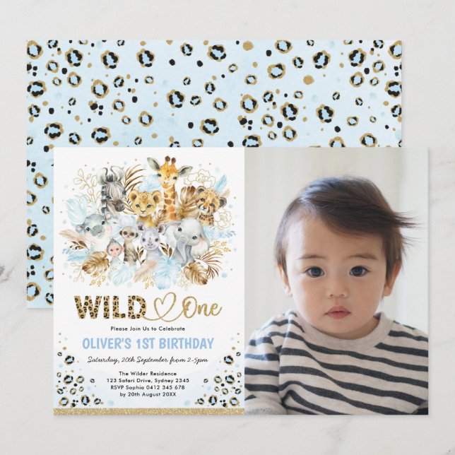 Invitation Blue Gold Boho Safari Wild One Photo Anniversaire (Devant / Derrière)