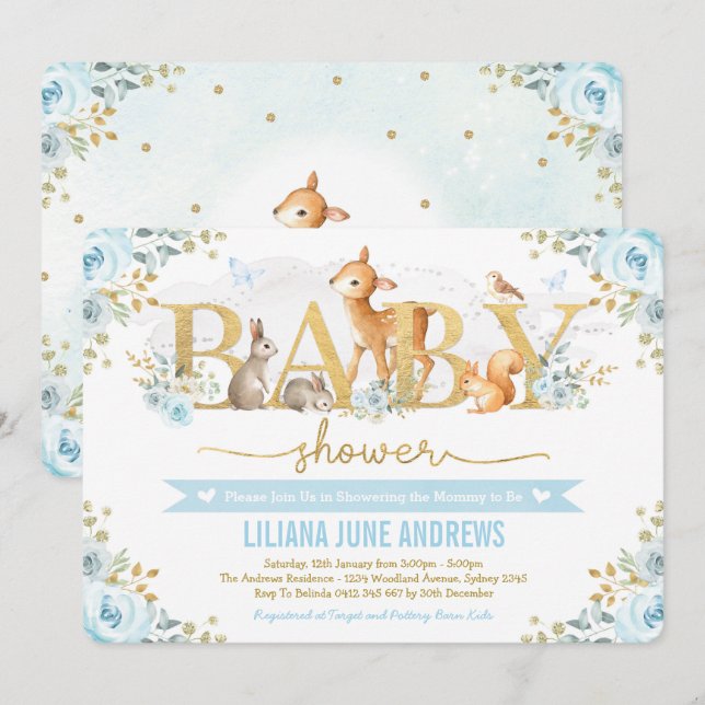 Invitation Blue Gold Boy Boy Baby shower Forêt Animaux (Devant / Derrière)