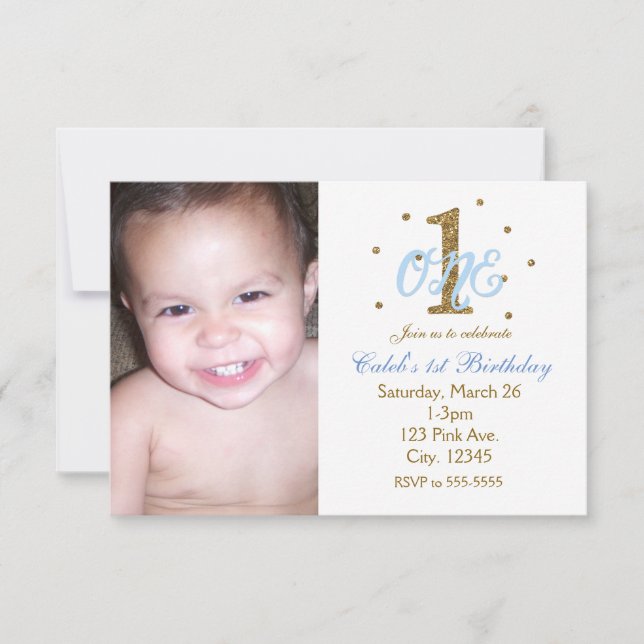 Invitation Blue & Gold Boys ONE 1st Birthday Party Photo (Devant)