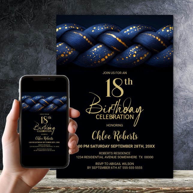 Invitation Blue Gold Braid 18e fête d'anniversaire (Créateur téléchargé)