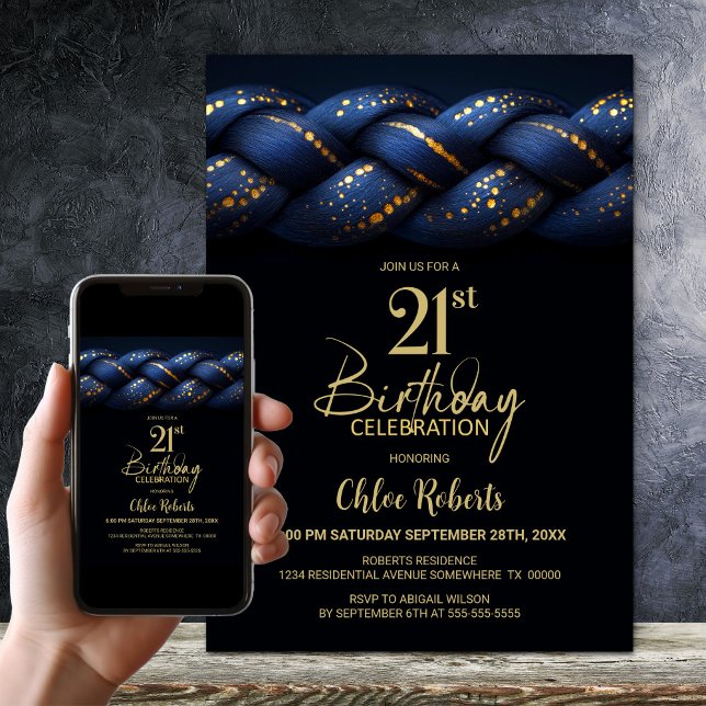 Invitation Blue Gold Braid 21e fête d'anniversaire (Créateur téléchargé)