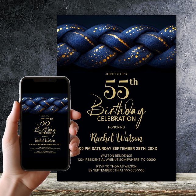 Invitation Blue Gold Braid 55e fête d'anniversaire (Créateur téléchargé)