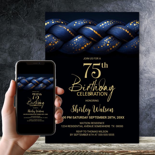 Invitation Blue Gold Braid 75e fête d'anniversaire (Créateur téléchargé)
