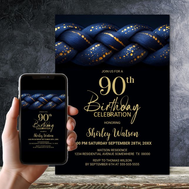 Invitation Blue Gold Braid 90e fête d'anniversaire (Créateur téléchargé)