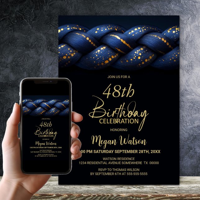 Invitation Blue Gold Braid N'importe quel âge fête d'annivers (Créateur téléchargé)