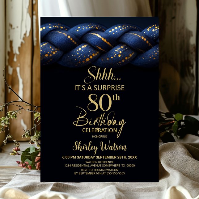 Invitation Blue Gold Braid Surprise 80e fête d'anniversaire (Créateur téléchargé)