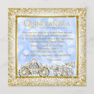 Invitation Blue Gold Cinderella Princess Quinceanera