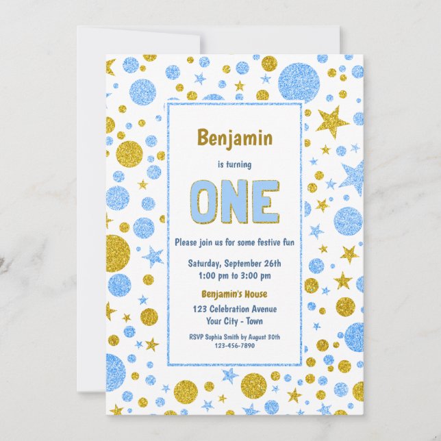 Invitation Blue Gold Confetti 1ère fête d'anniversaire (Devant)