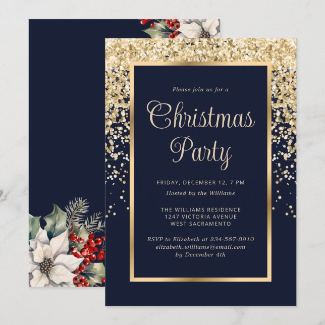 Invitation Blue Gold Confetti Botanical Christmas Party (Devant / Derrière)