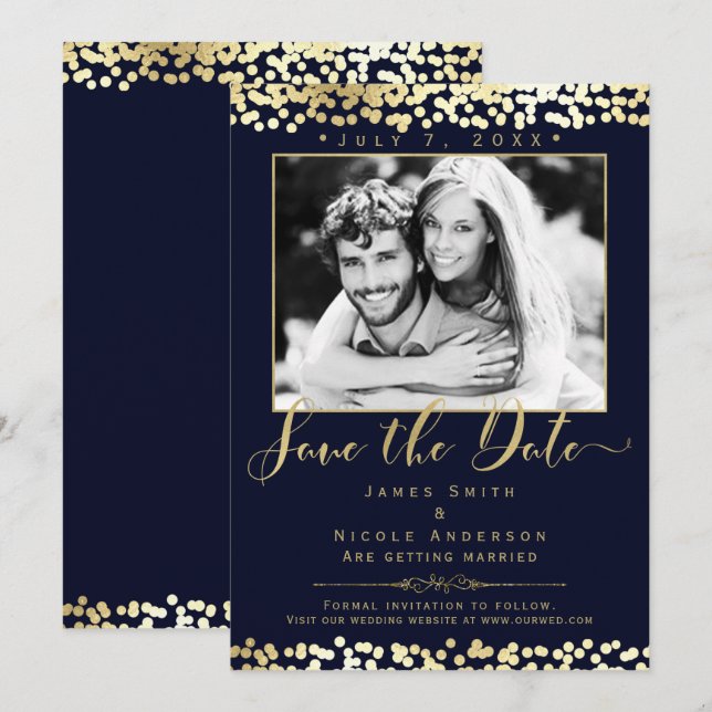 Invitation Blue & Gold Confetti Photo Wedding Enregistrer la  (Devant / Derrière)