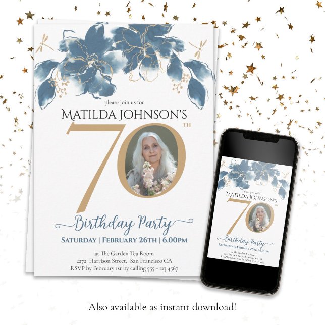 Invitation Blue Gold Custom Photo Floral 70e anniversaire (Floral 70th Birthday Blue Gold Modern Custom Photo Invitation)