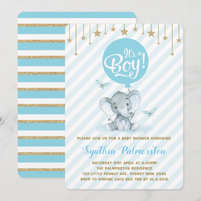 Invitation Blue Gold Elephant Baby shower Twinkle Star Invita (Devant / Derrière)