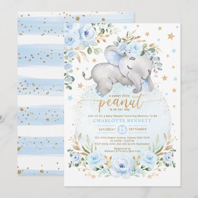 Invitation Blue Gold Elephant Floral Moon Stars Baby shower (Devant / Derrière)