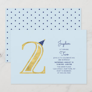 Invitation Blue & Gold Fête de 2e anniversaire d'un garçon