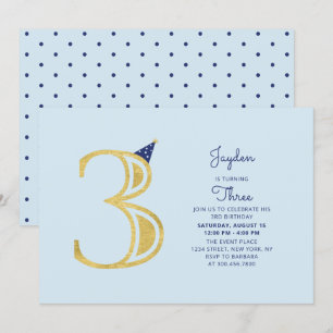 Invitation Blue & Gold    Fête Moderne pour Garçon de 3 Ans