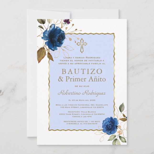 Invitation Blue Gold Floral Espagnol 1er Anniversaire & Baptê (Devant)