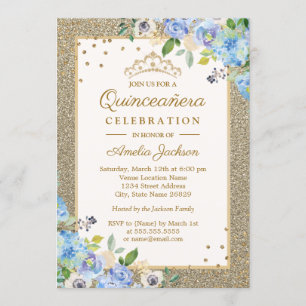 Invitation Blue Gold floral Sparkle Quinceanera