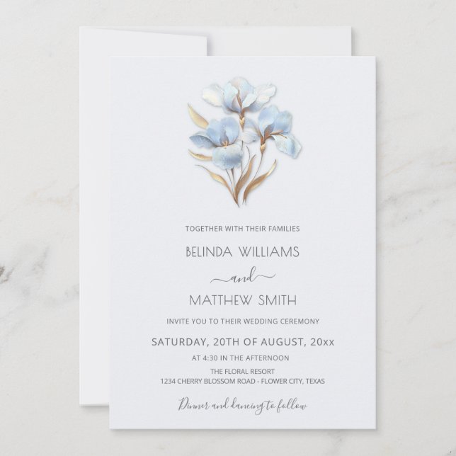 Invitation Blue Gold Flowers White (Devant)