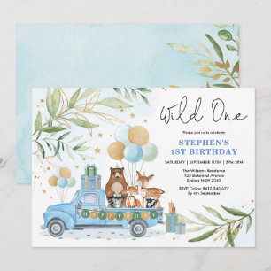 Invitation Blue Gold Greenery Woodland Wild One 1er anniversa