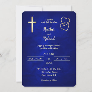 Invitation Blue Gold Hearts Christian Cross Mariage