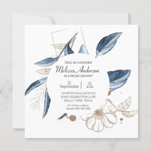 Invitation Blue Gold Moderne Floral Fête des mariées élégante