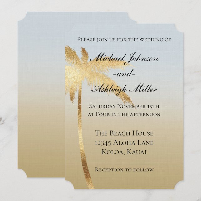 Invitation Blue Gold Palm Tree Ombre Mariage (Devant / Derrière)