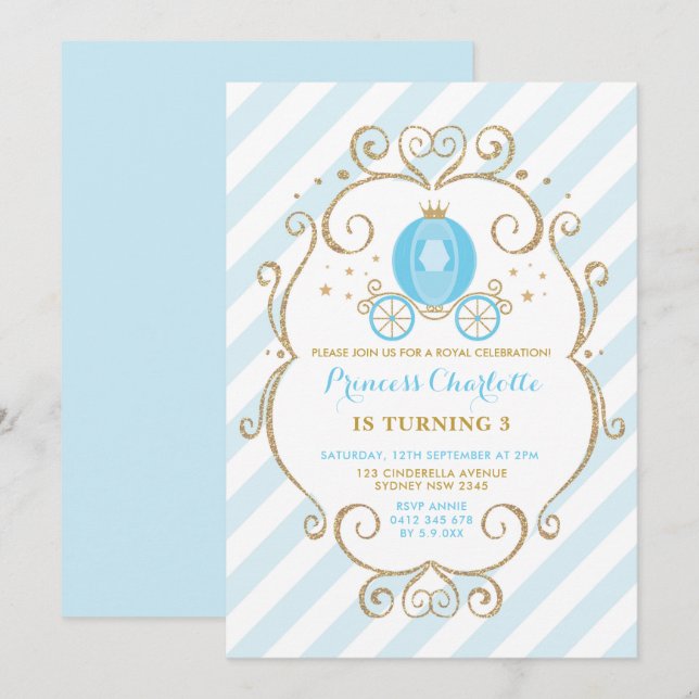 Invitation Blue Gold Princess Cendrillon Anniversaire (Devant / Derrière)