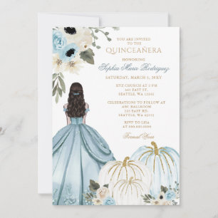 Invitation Blue Gold Pumpkin Princess Floral Quinceañera