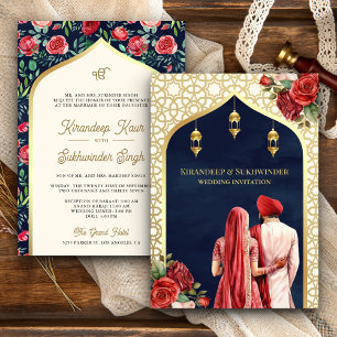 Invitation Blue Gold Rose Floral Anand Karaj Sikh Mariage