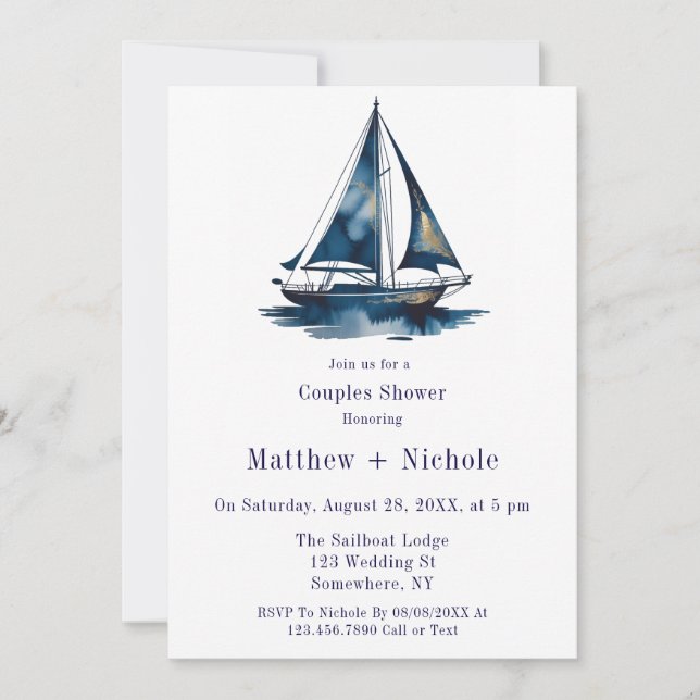 Invitation Blue & Gold Sailboat Nautical Wedding Shower (Devant)