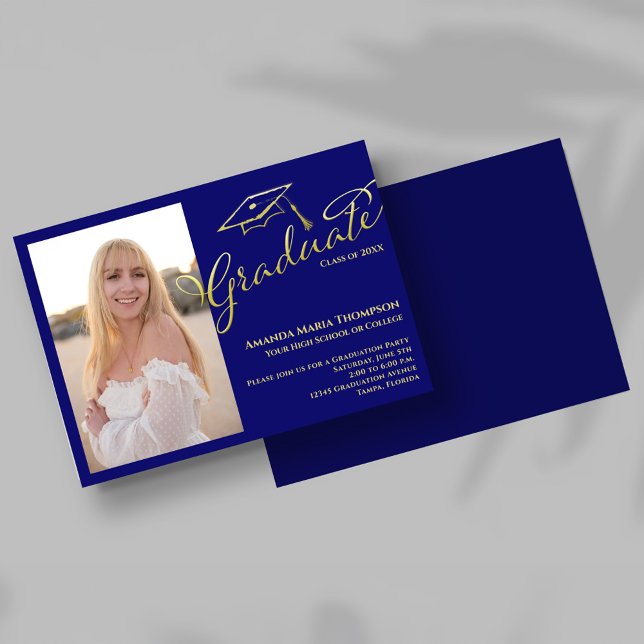Invitation Blue Gold Script Photo Graduation Party Invite (Navy blue and gold script graduation photo invitation with cap illustration and elegant typography.)