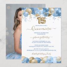 Blue Gold Sparkle Photo Quinceañera Balloon