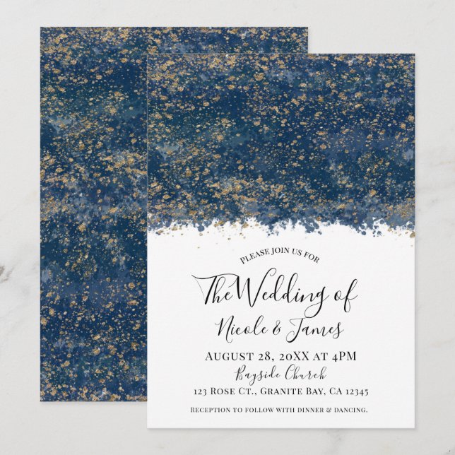 Invitation Blue Gold Splatter moderne Glam Mariage mariage (Devant / Derrière)